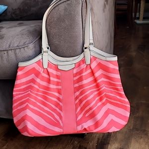 COACH Devin Zebra Stripe Peach/Orange Print Shoulder Tote w/Tan Leather